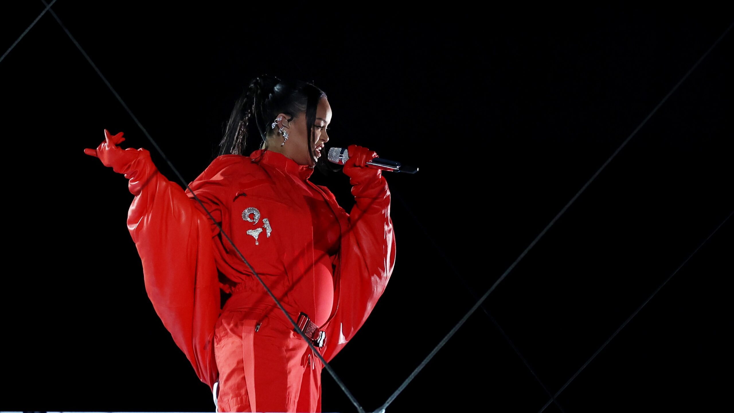 Rihanna performs at the Super Bowl Halftime Show