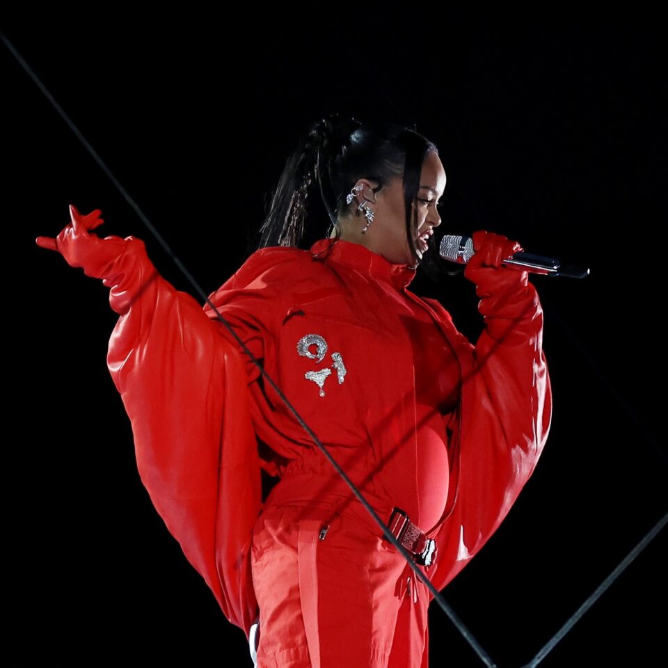 Rihanna performs at the Super Bowl Halftime Show