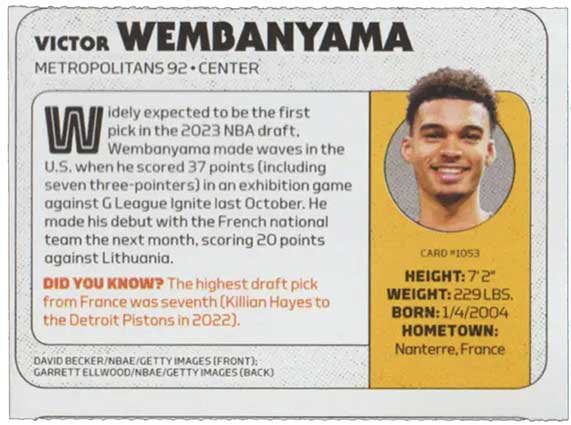 Victor Wembanyama's trading card in Sports Illustrated for Kids