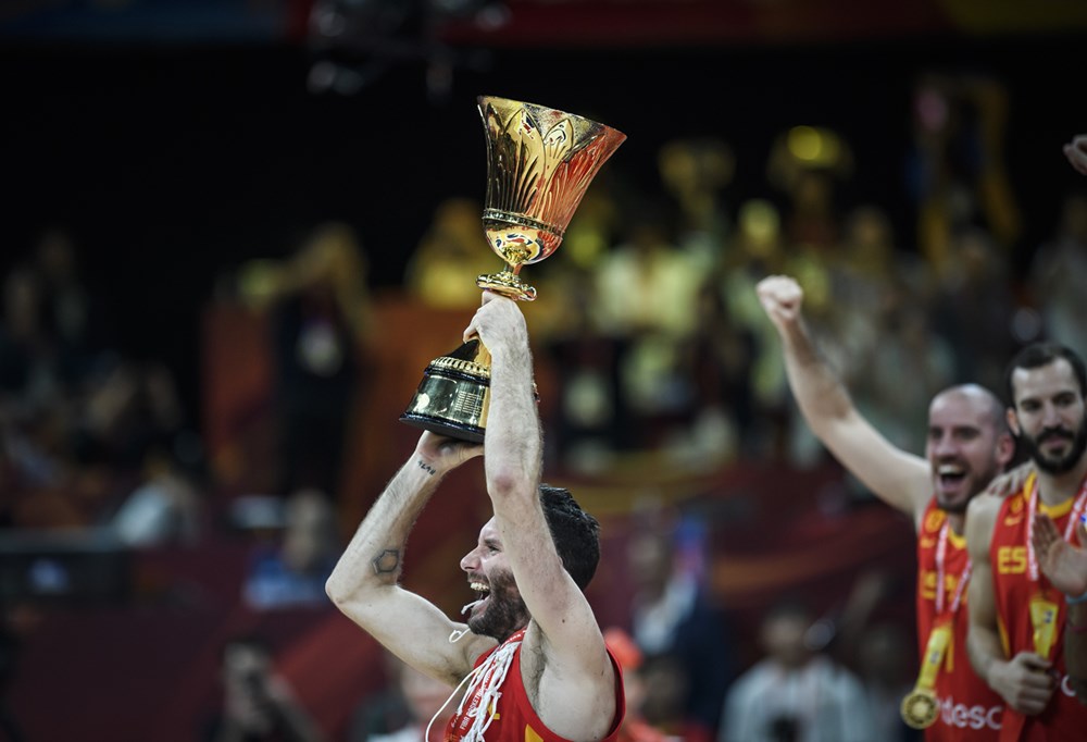 The FIBA Naismith Trophy lifted by Spain in 2019 