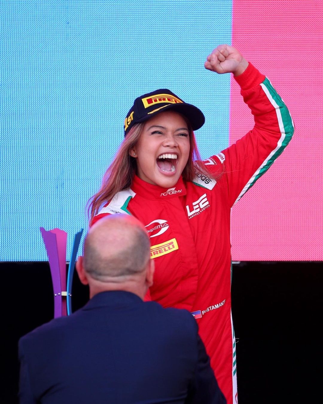 Bianca Bustamante celebrating her first victory in the F1 Academy