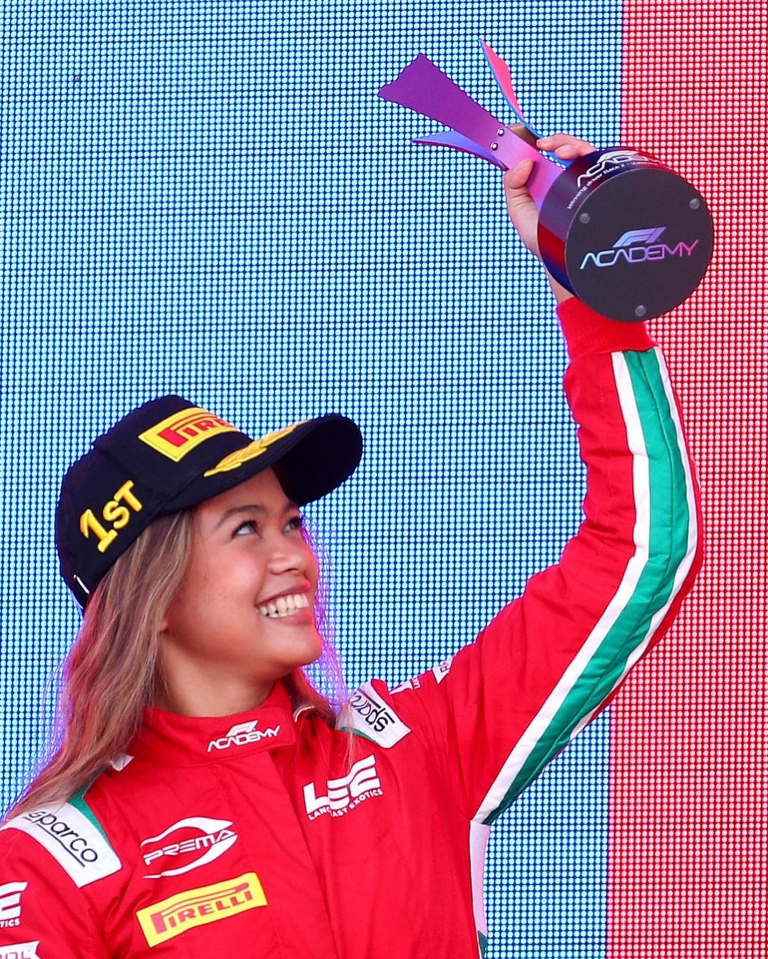 Bianca Bustamante celebrating her first win in the F1 Academy