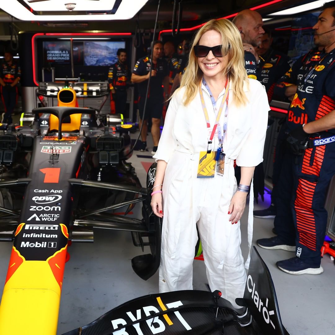 Kylie Minogue in the Red Bull Garage of the 2023 Monaco GP