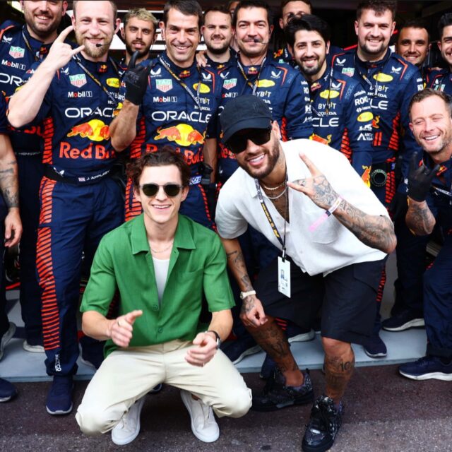 Tom Holland and Neymar in the Red Bull Garage at the 2023 F1 Monaco GP