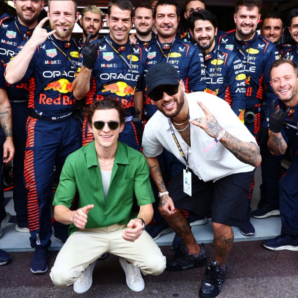 Tom Holland and Neymar in the Red Bull Garage at the 2023 F1 Monaco GP