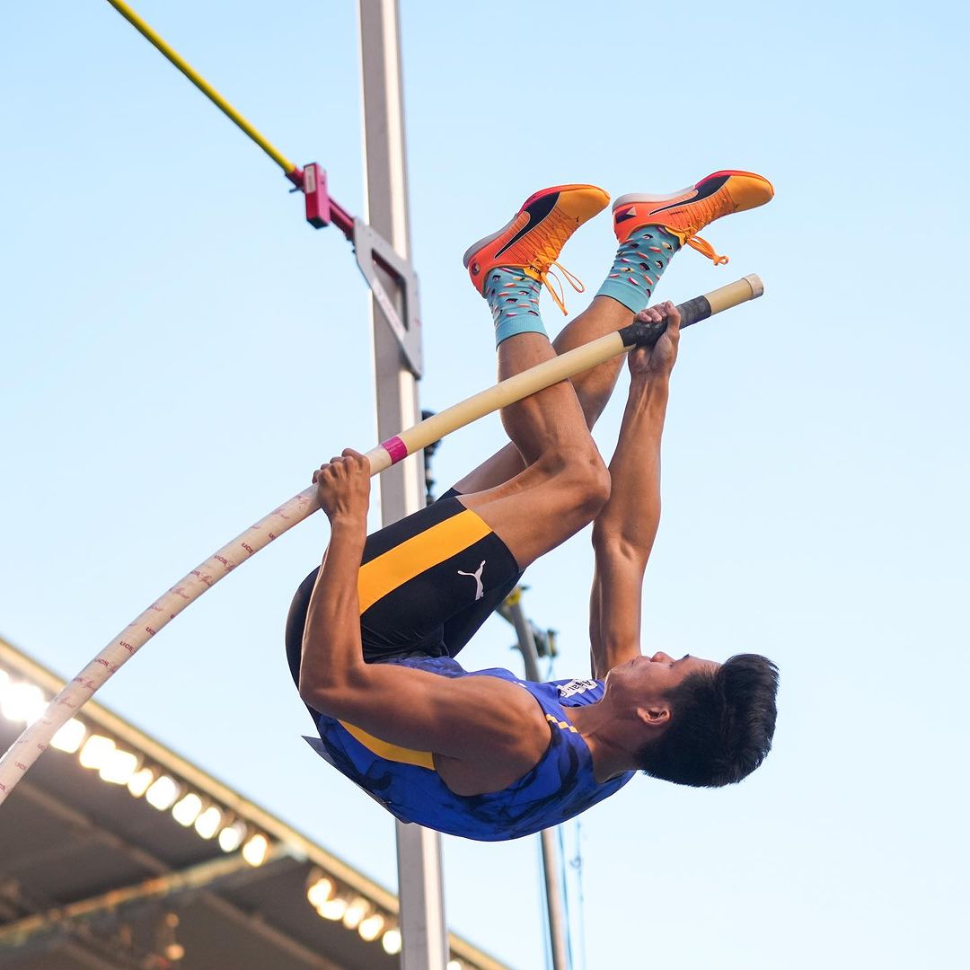 Filipino pole vaulter Ernest "EJ" Obiena at the King Baudouin Stadium for the Allianz Memorial Van Damme competition