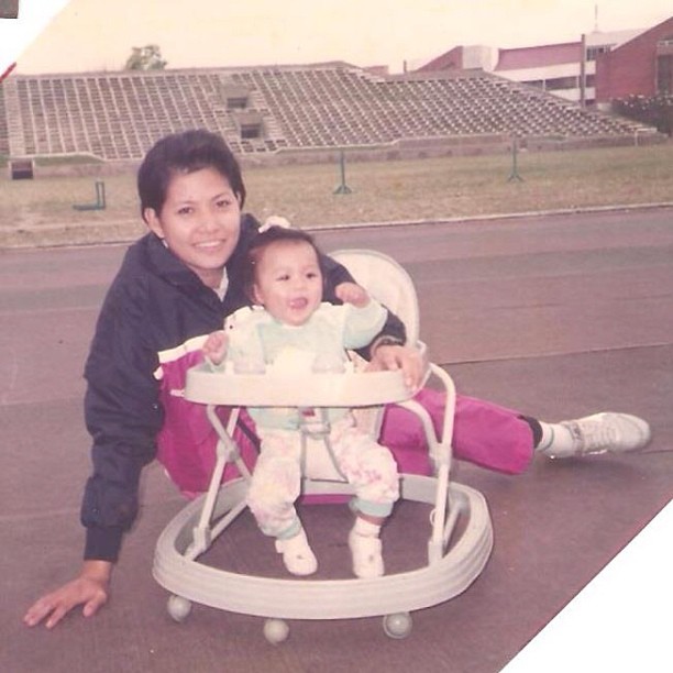 Lydia de Vega-Mercado with her daughter, Stephanie Mercado, on the track oval