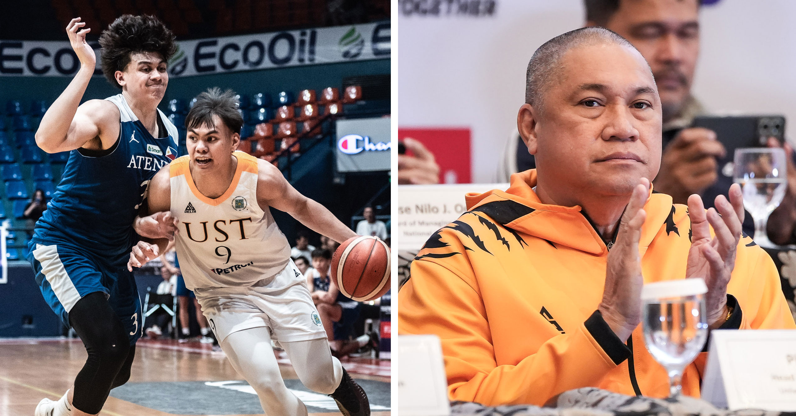 A collage of UST star Nic Cabañero and coach Pido Jarencio