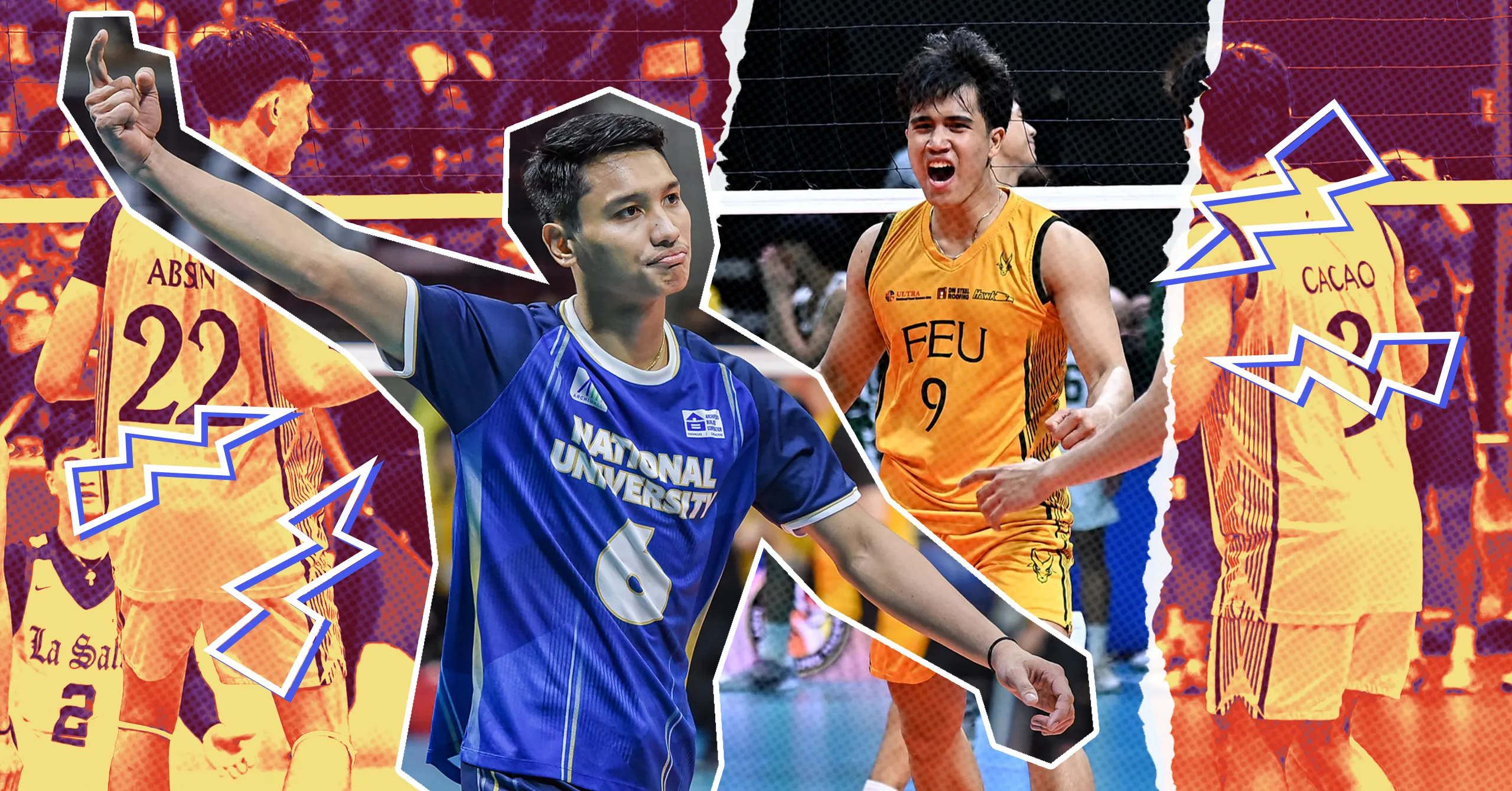 A collage of NU's Buds Buddin and FEU's Dryx Saavedra